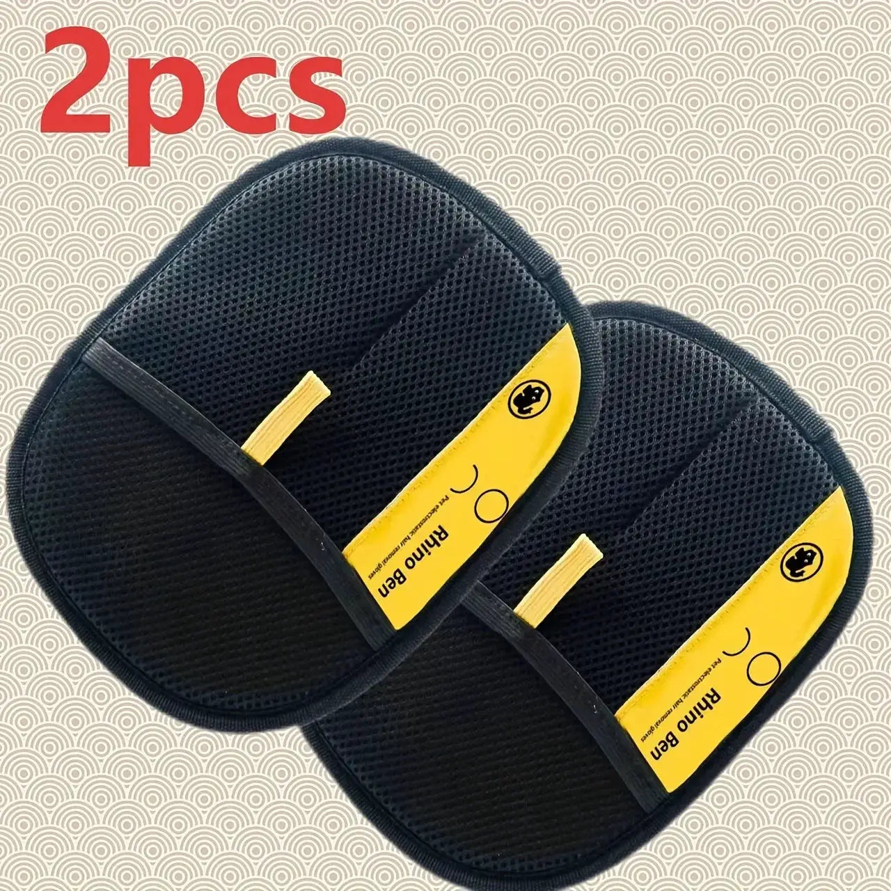 2-piece pet hair removal gloves, black mesh double-sided grooming gloves with yellow labels, Simples Market