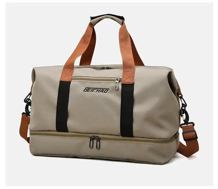 Travel gym duffle bag by Simples Market, beige with orange handles, black vertical straps, and crossbody strap.