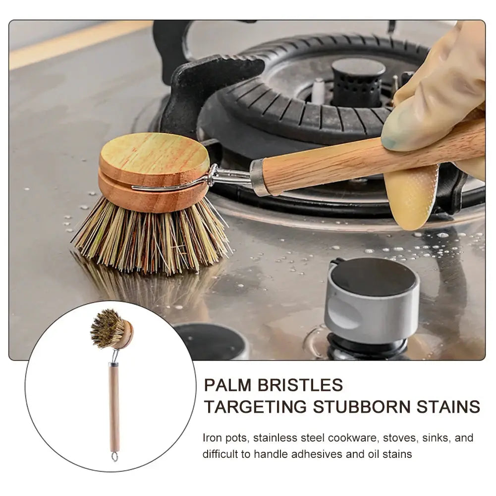 Two replaceable dish brushes with wooden handles and palm-bristle heads for stubborn stains; Simples Market