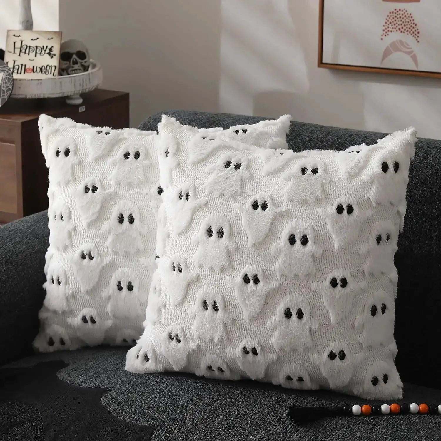 Two white plush Halloween pillow covers 45x45 with ghost pattern for sofa