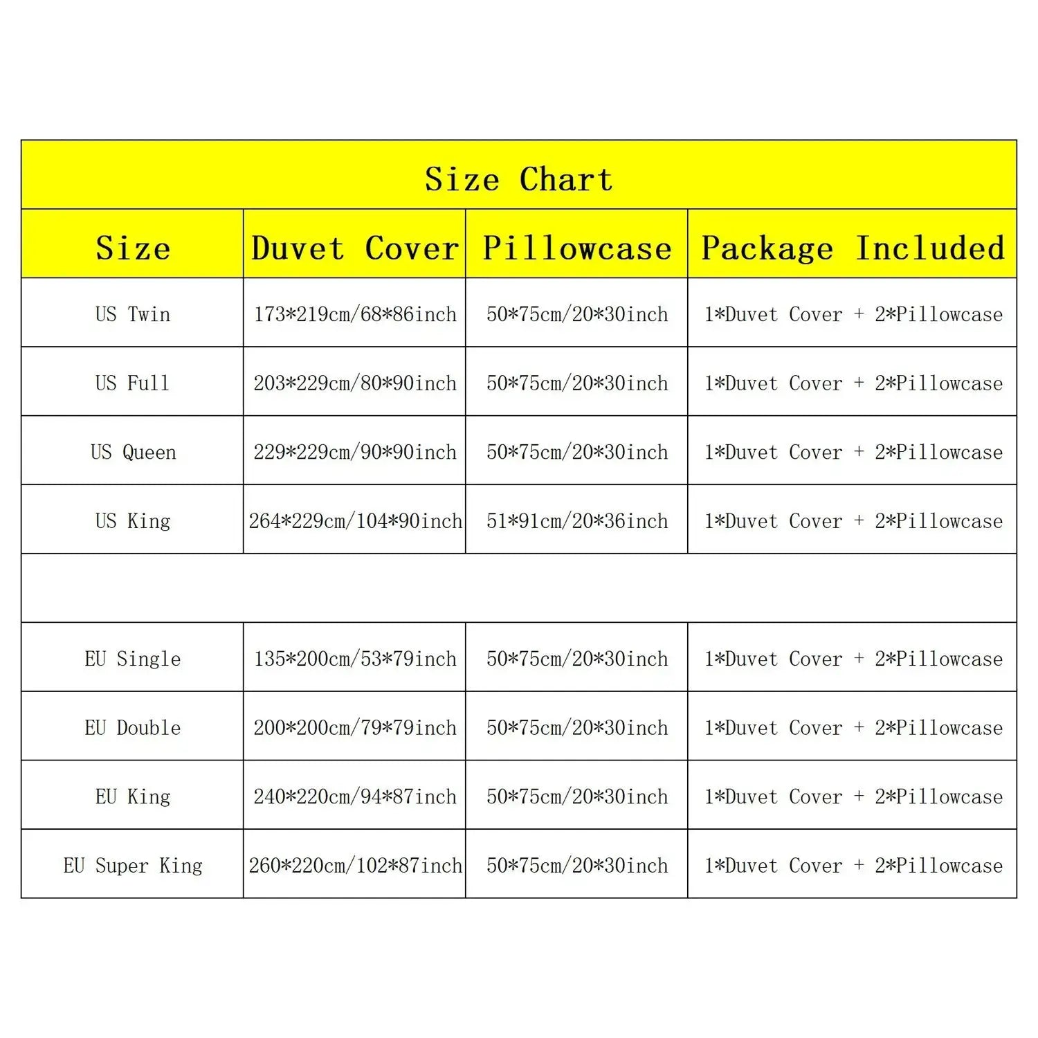 Duvet cover bedding set size chart by Simples Market showing US/EU sizes and included 1 duvet cover + 2 pillowcases
