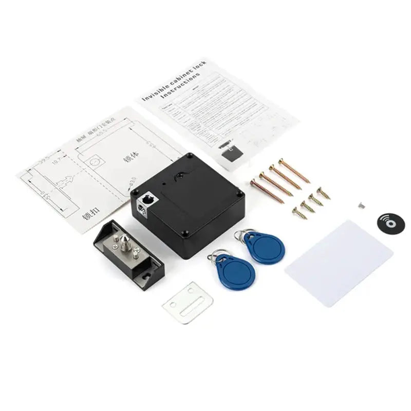 Smart drawer RFID door lock kit with black housing, two blue key fobs, mounting plate, screws, and manuals.