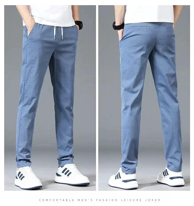 Simples Market men's casual pants, blue slim-straight trousers with elastic drawstring waist, front and back views.