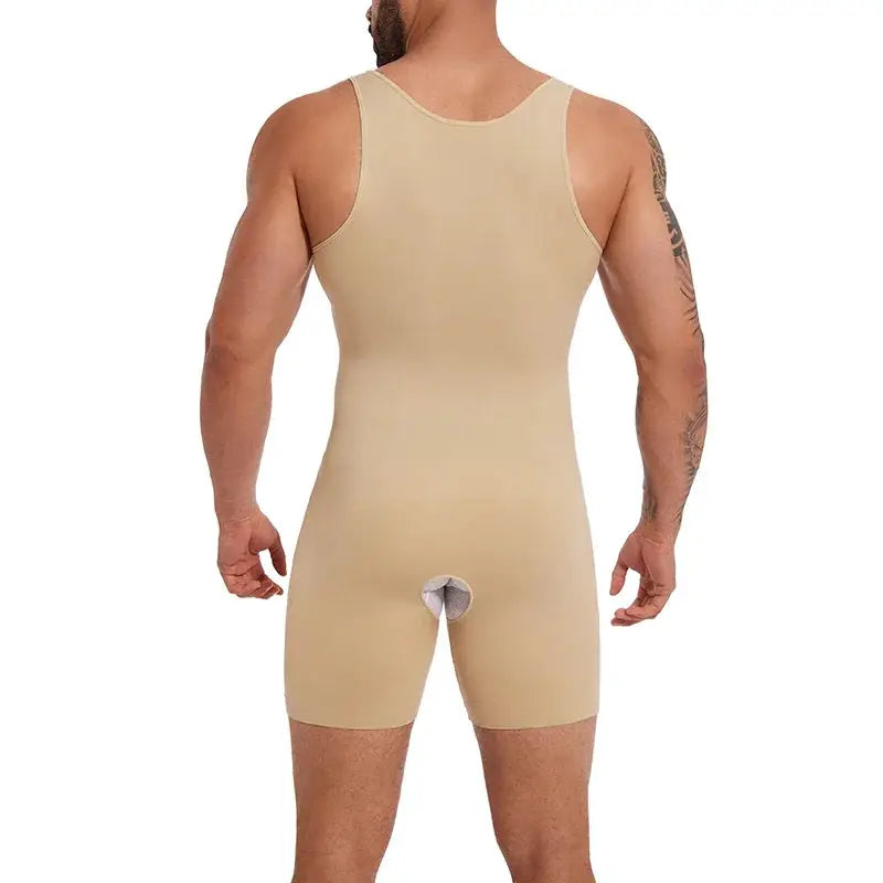 Simples Market men's beige full-body shapewear bodysuit, sleeveless, seamless compression