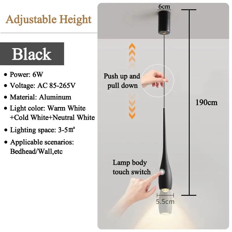 MARPOU LED Pendant Light by Simples Market, black aluminum pendant with adjustable height and 6W power, touch switch
