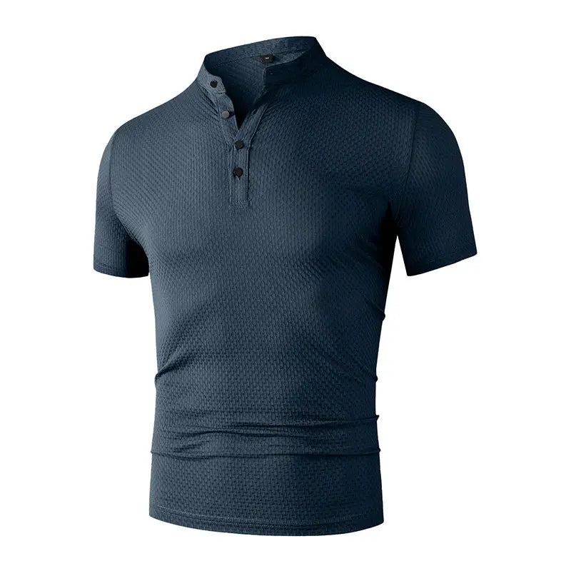 Men's polo shirt in navy blue with textured fabric and 3-button placket