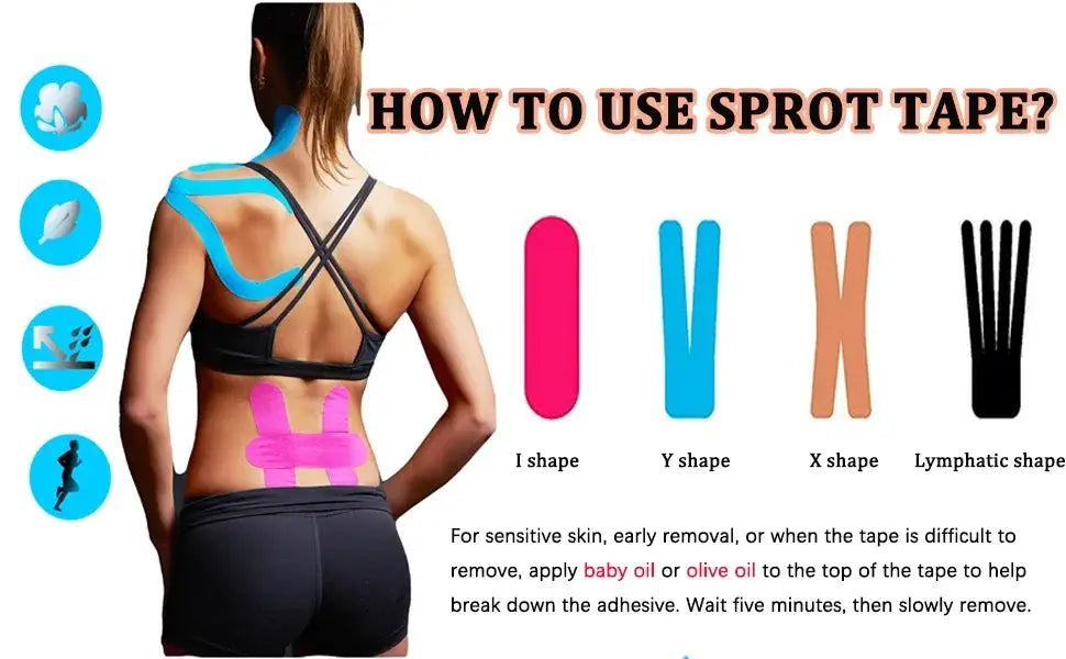 Kinesiology Tape Pro Athletic Sports by Simples Market, 20 precut strips in pink, blue, orange and black for muscle relief and joint support.
