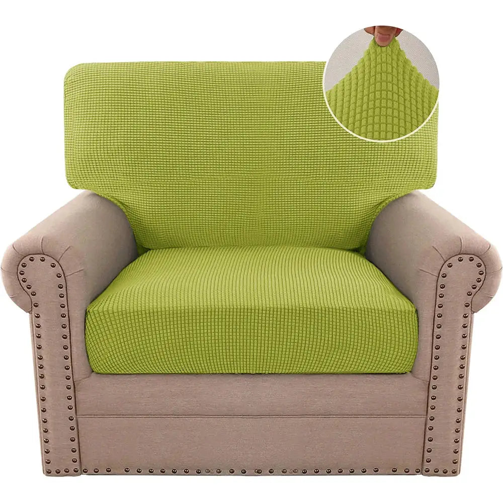 Jacquard sofa cover by Simples Market in lime-green on beige armchair; stretch, removable protector.