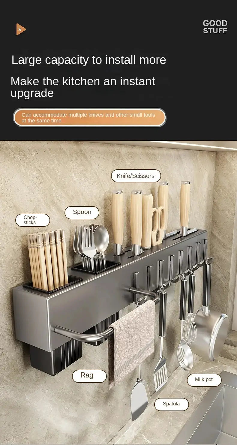 Tool-free kitchen shelf by Simples Market; dark gray metal wall-mounted rack for chopsticks, spoons, knives and utensils.