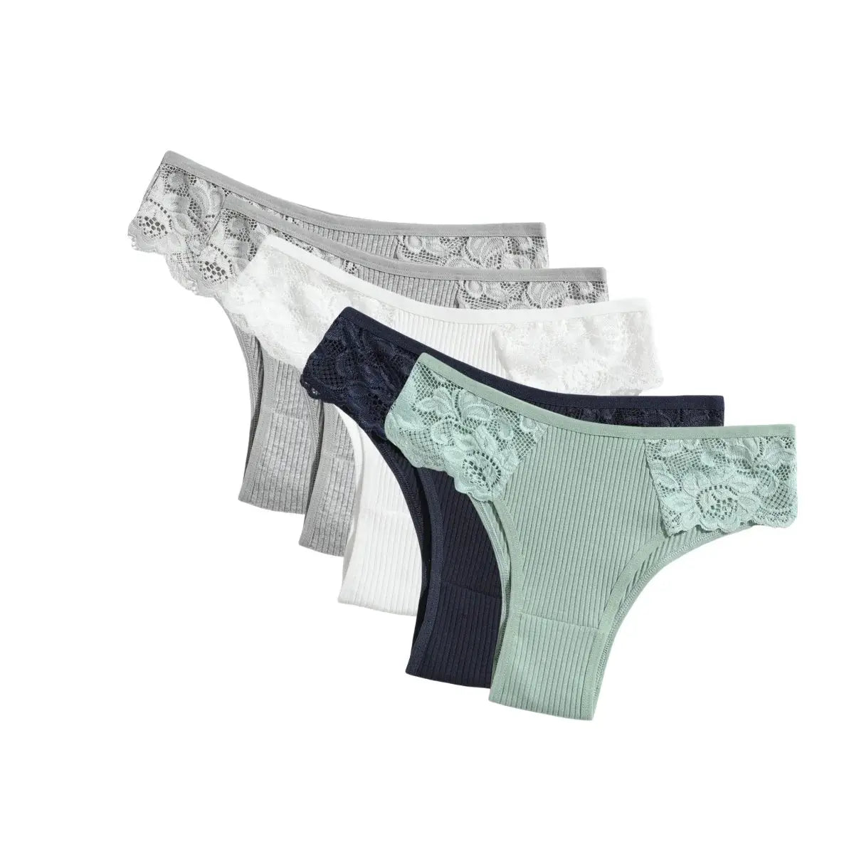 5-piece set women's cotton panties with floral lace side panels; low-rise ribbed briefs in grey, white, navy, and mint