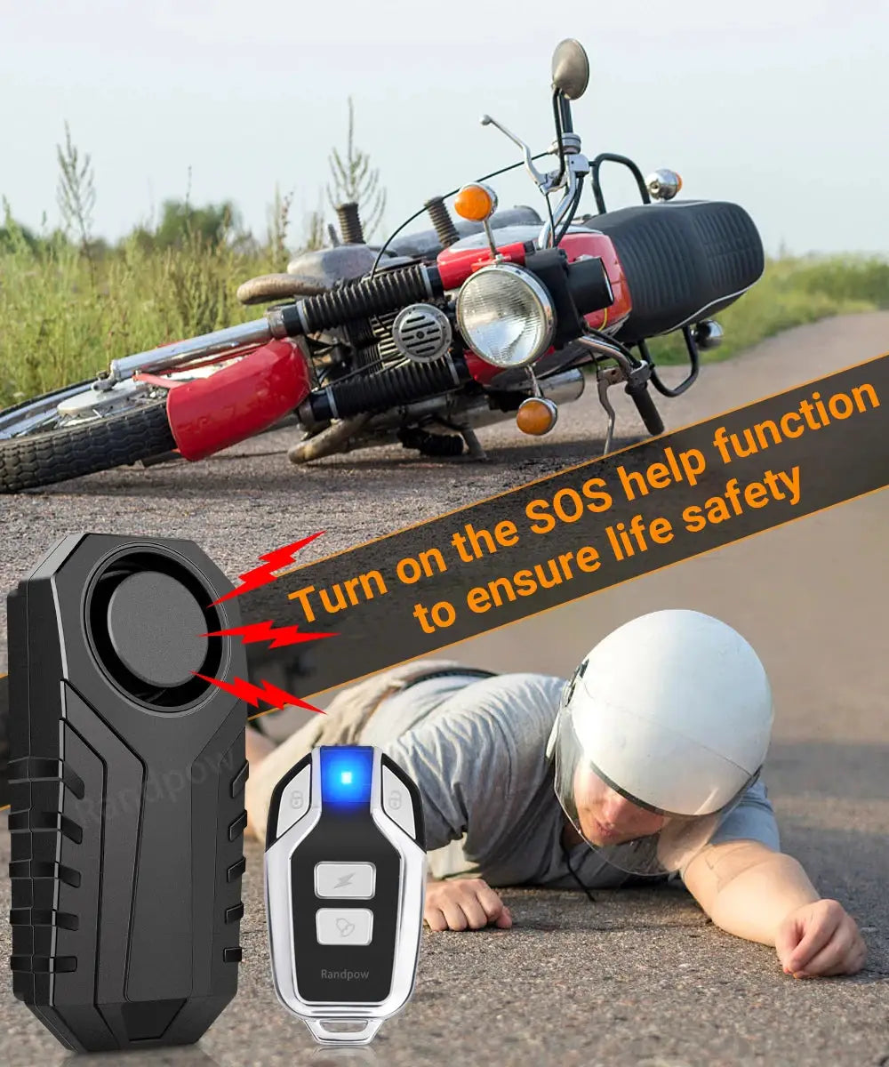 Randpow waterproof anti-theft alarm system for motorcycle; 2-piece black alarm unit with remote and blue light.
