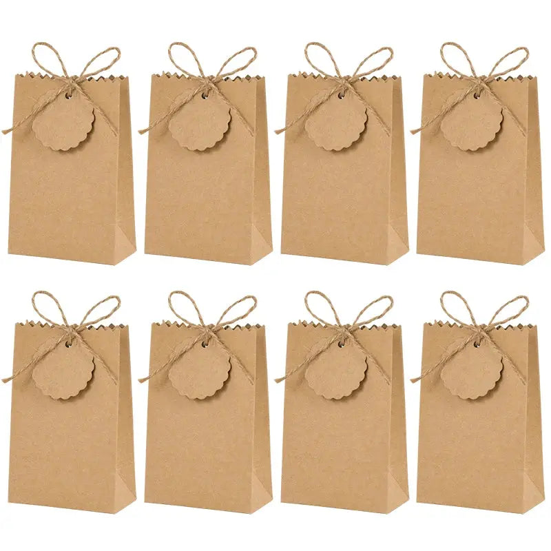 Kraft paper gift bags with twine handles and round tags, set of 8 brown rustic packaging