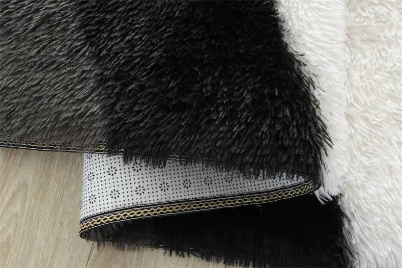 Premium Fluffy Area Rug, black shag with white reverse, ultra-soft living room carpet.