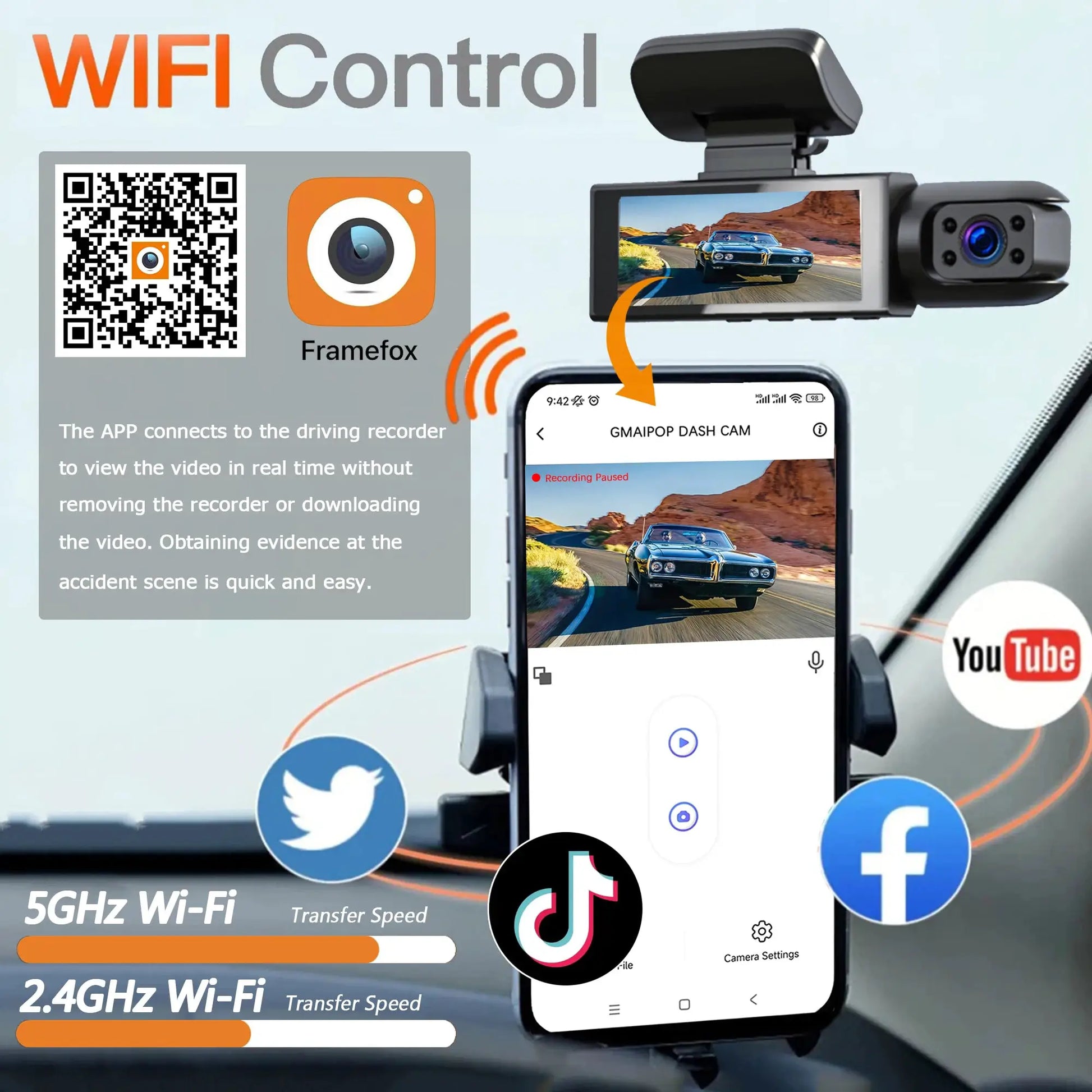 Simples Market 1080P WIFI dual dash cam with front and inside cameras, IR night vision
