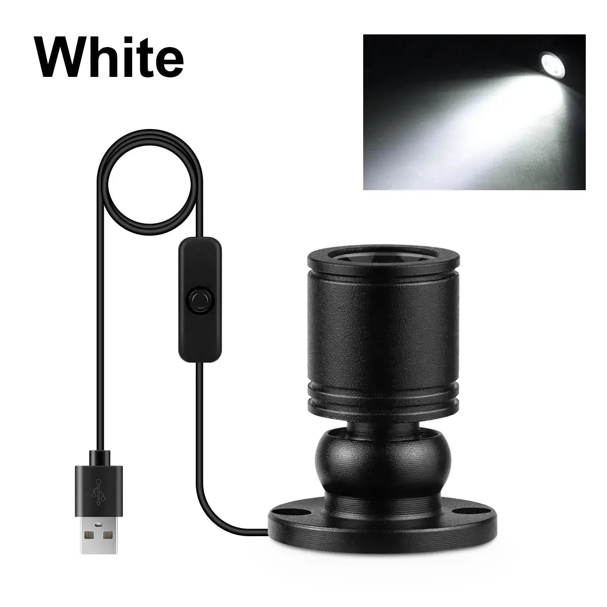 LED ceiling spotlight in black with USB power and adjustable head.