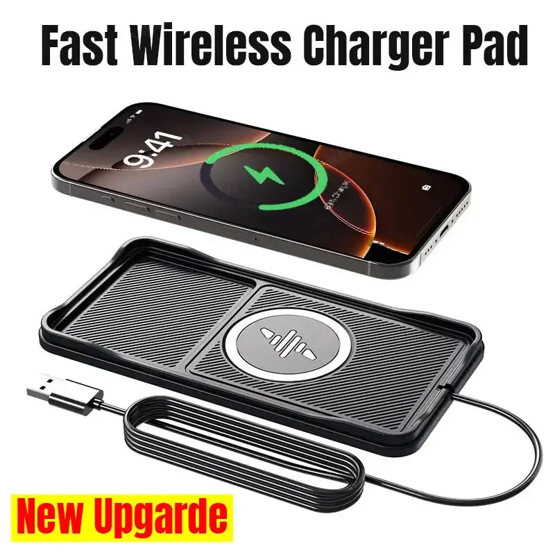 Car wireless charger pad with USB cable; fast charge for iPhone 12-16 Pro Max, Samsung, Xiaomi, LG, AirPods Pro 2