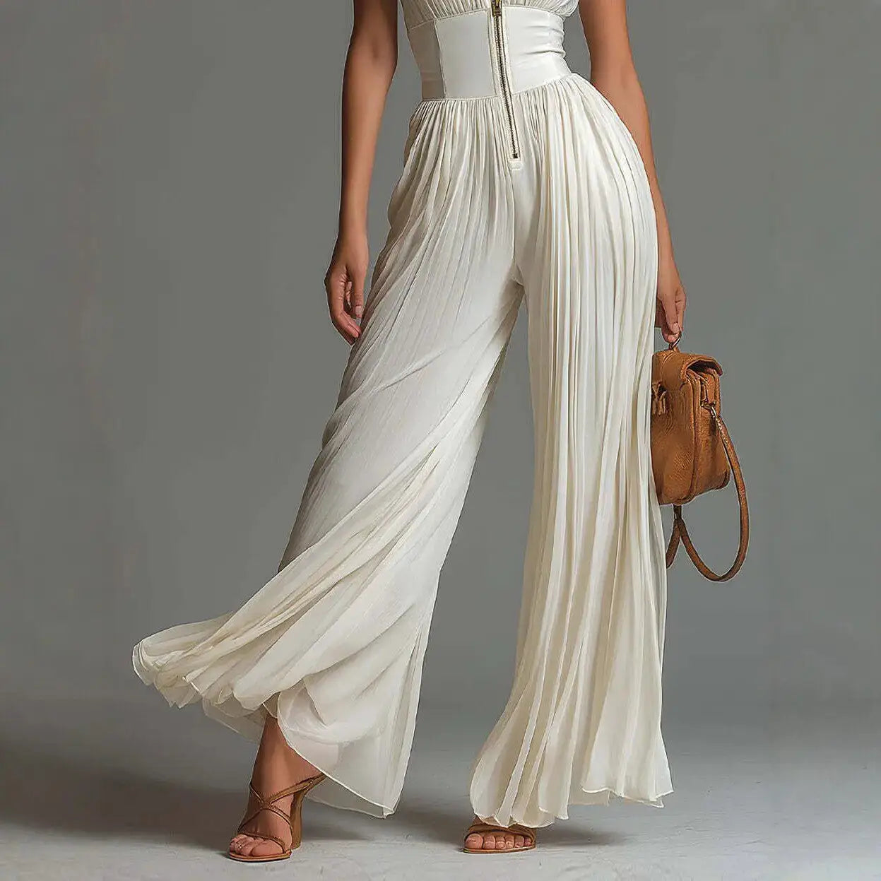 White pleated wide-leg jumpsuit with high waist, sleeveless, front zipper and stand collar.
