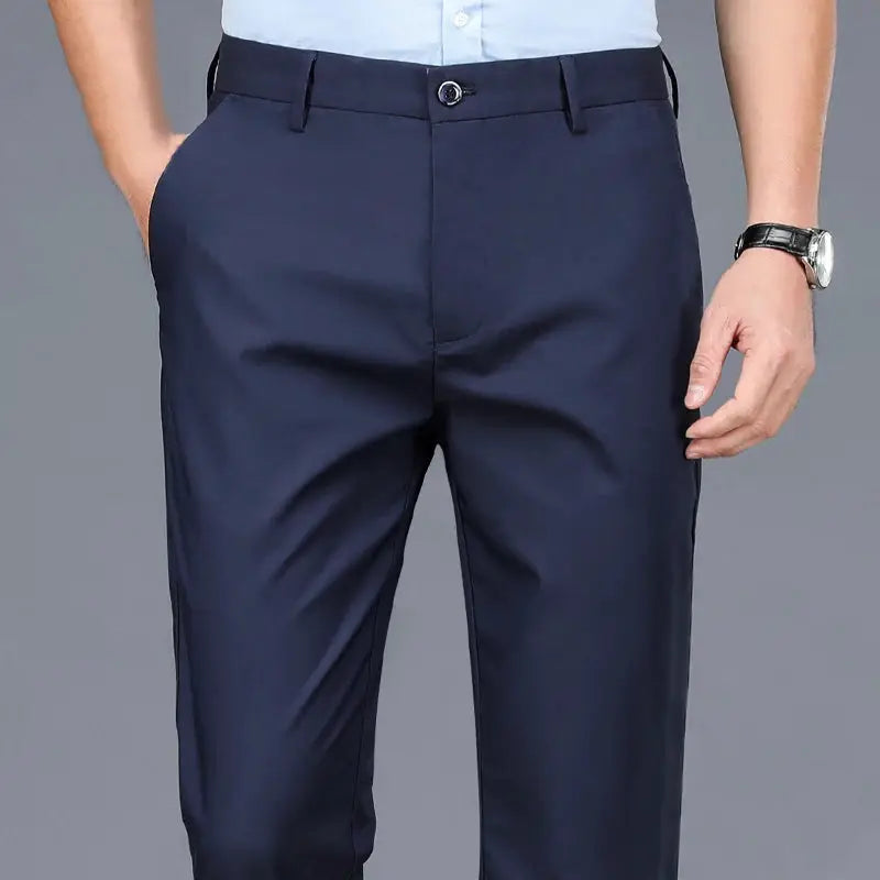 Men's navy stretch dress pants by Simples Market, smart casual straight trousers for office.