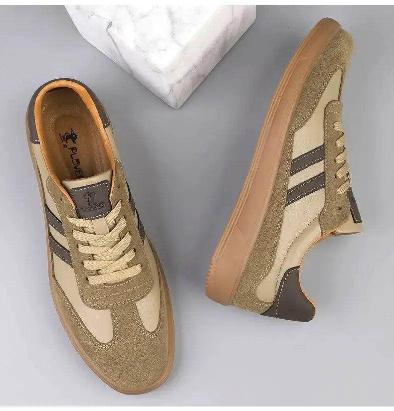 Simples Market pair of men's leather sneakers in tan beige with dark brown side stripes and rubber outsole