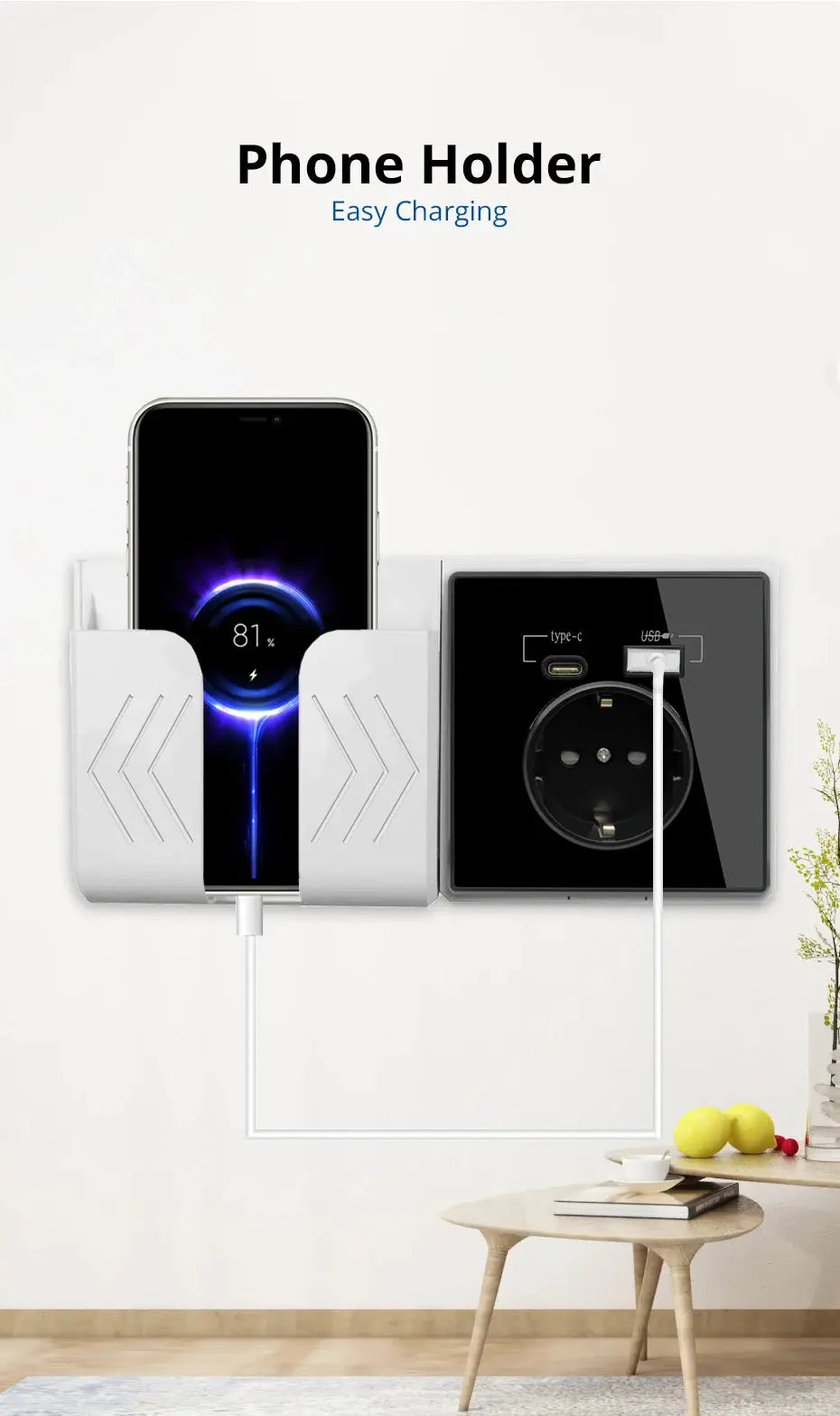 Phone holder with 20W PD Type-C outlet on acrylic mirror panel, black wall socket with USB charger, Simples Market