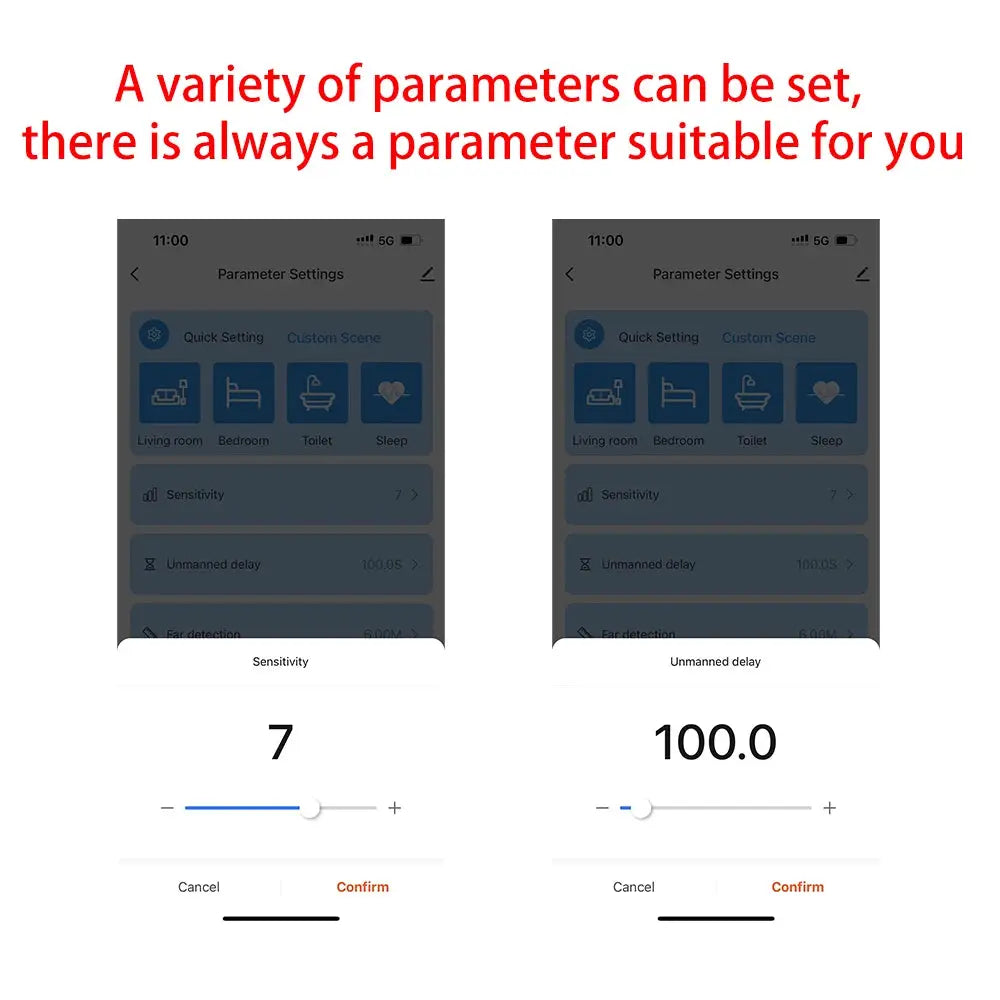 Simples Market ZigBee mmWave motion sensor app settings on two smartphones.