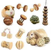 Small animal wooden play toys set for guinea pig, rabbit, and hamster with dumbbell rollers, balls, and hanging chew toys.