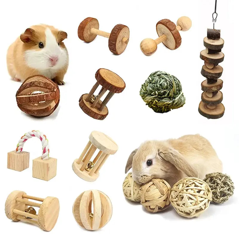 Small animal wooden play toys set for guinea pig, rabbit, and hamster with dumbbell rollers, balls, and hanging chew toys.