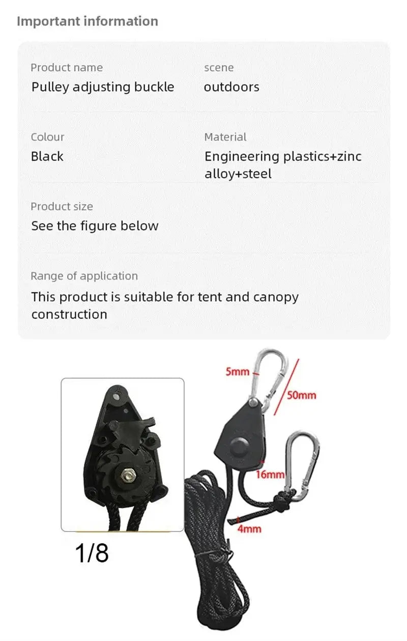 Adjustable pulley lanyards 4-pack by Simples Market with black plastic pulley and metal carabiners for tent/awning use