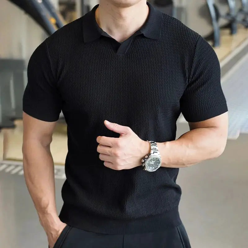 Men's black knitted polo shirt with short sleeves, textured knit, slim fit