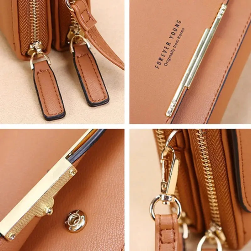 Women's tan leather wallet handbag with multi-card slots and gold hardware, casual shoulder bag
