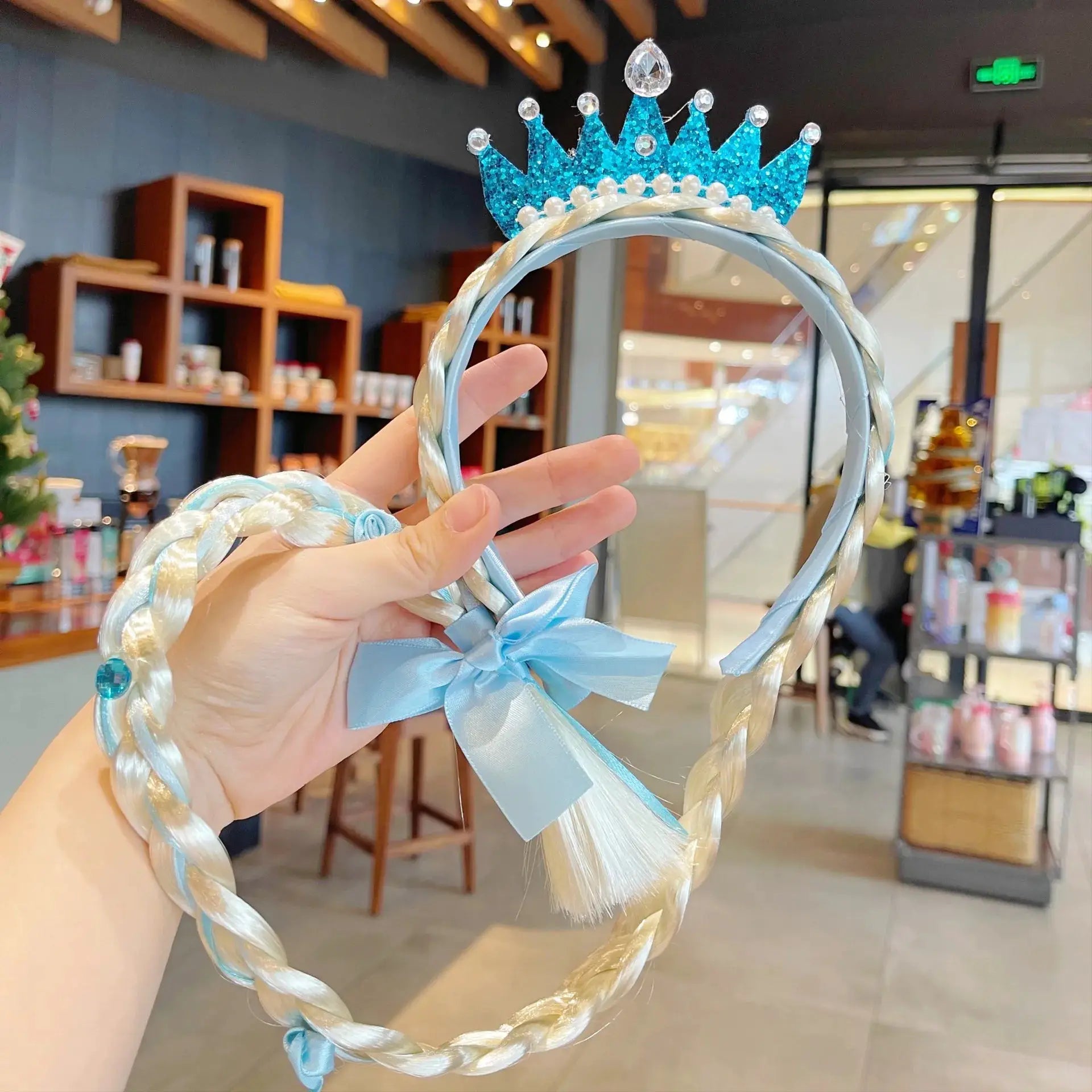 Frozen Elsa crown headband for girls, blue glitter crown with pearl accents on a braided light-blue band