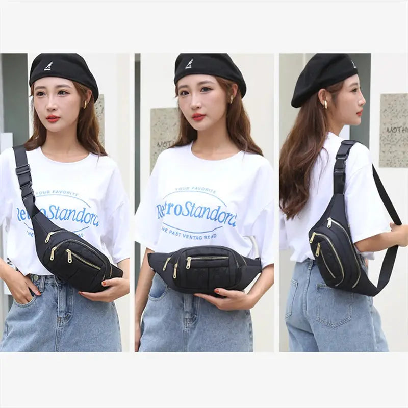 Simples Market black Oxford cloth waist bag with gold zippers, waterproof fanny pack.