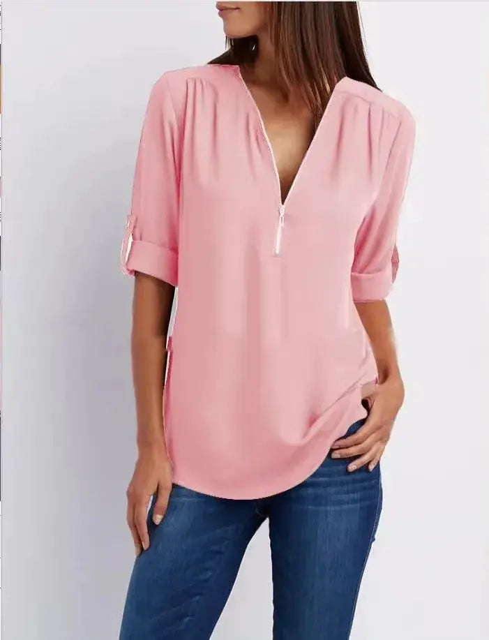 Women's pink chiffon blouse with deep V-neck, zipper placket, loose fit, rolled-tab sleeves