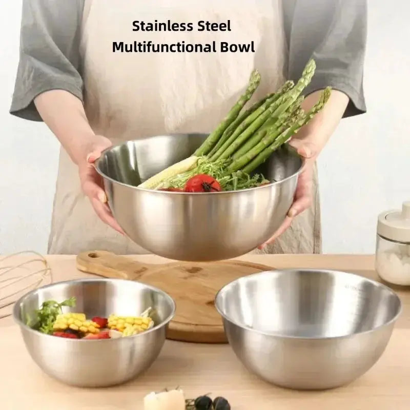Simples Market stainless steel bowl set; 3 mixing bowls for cooking and storage, large capacity.