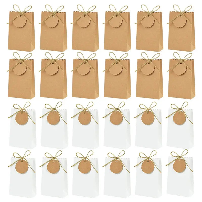 Gift bags set: 12 kraft paper bags with twine and round tags, and 12 white gift bags with tags