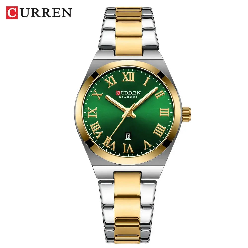 CURREN women's two-tone stainless steel dress watch with green dial, gold Roman numerals, and date window.