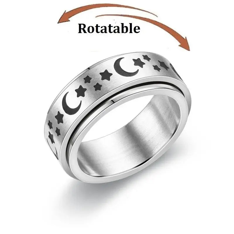Fidget knuckle ring rotatable stainless steel band with moon and star pattern