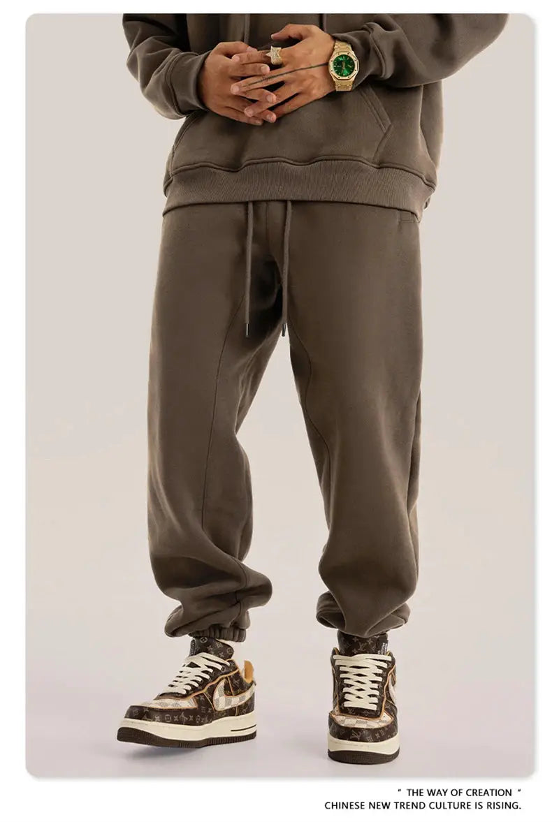 ZODF fleece sweatpants, brown unisex loose joggers with drawstrings and cuffed ankles