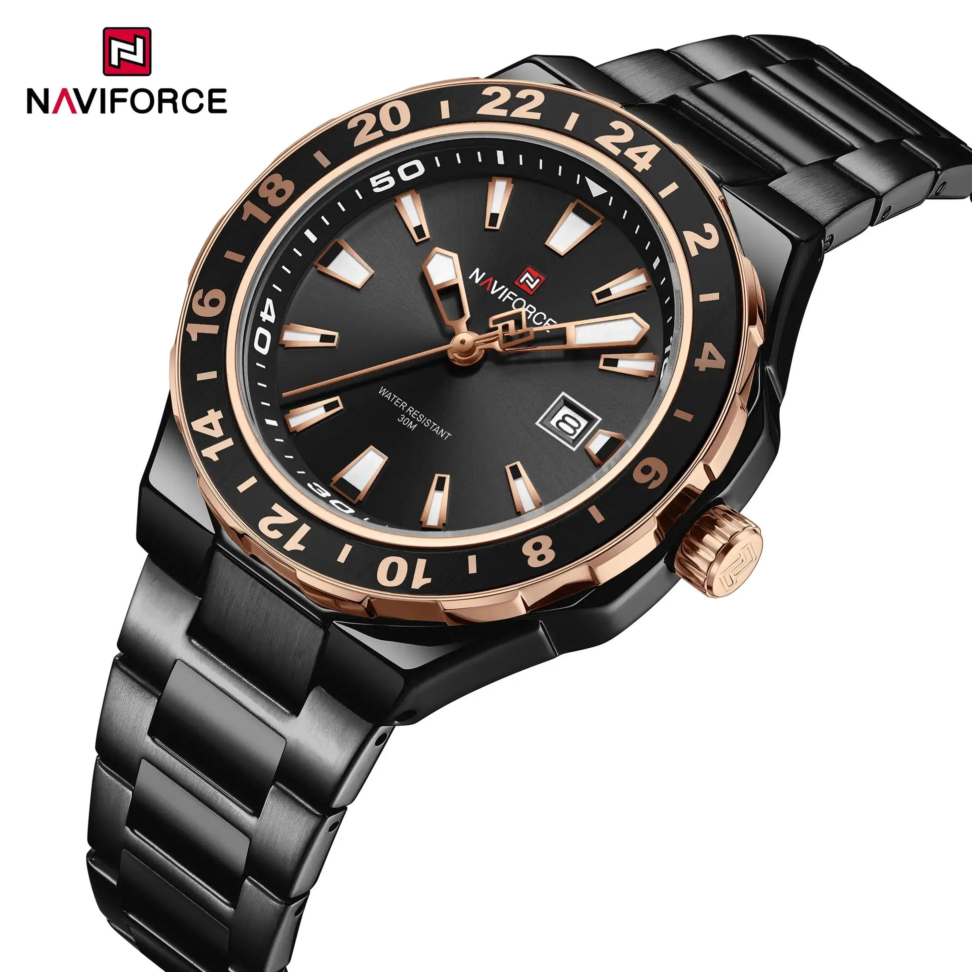 NAVIFORCE luxury sports quartz watch with black stainless steel band and rose-gold bezel.