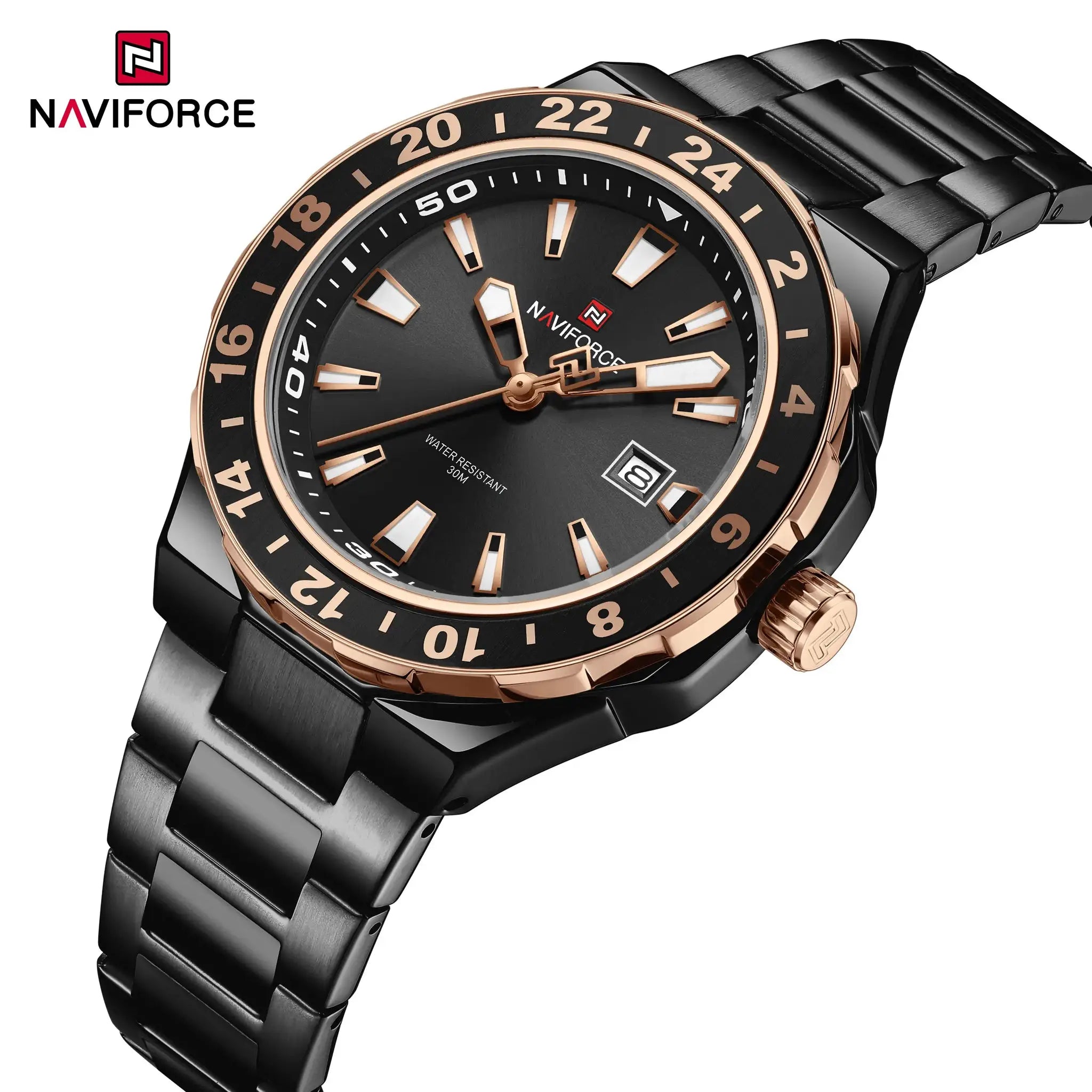 NAVIFORCE luxury sports quartz watch with black stainless steel band and rose-gold bezel.