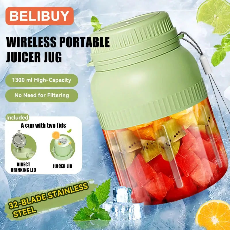 Simples Market wireless portable juicer cup, green 1300 ml capacity with 32-blade stainless steel blades and two lids