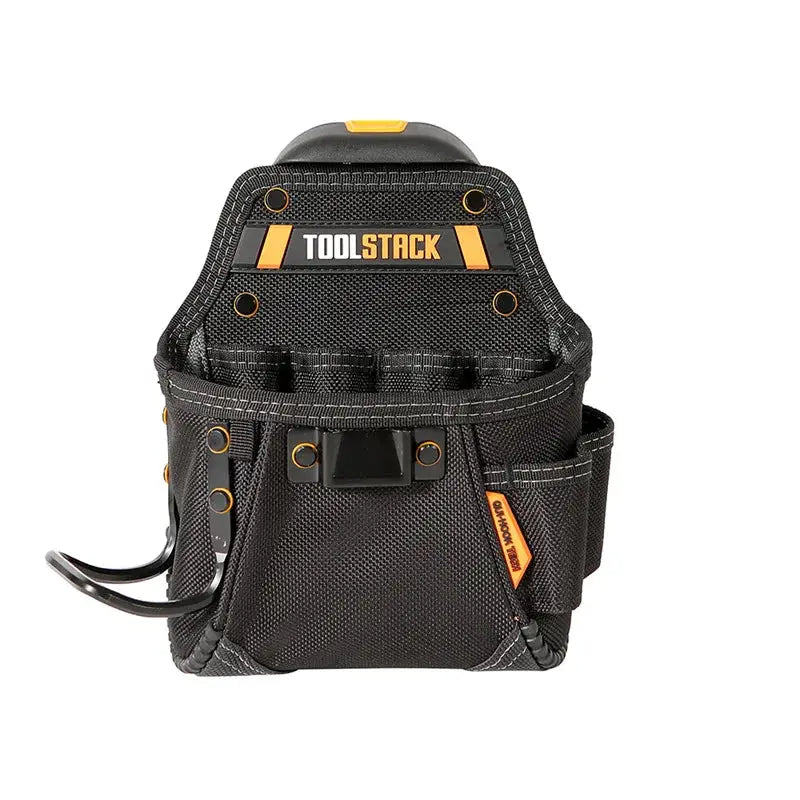 TOOLSTACK mini utility toolkit bag in black Oxford fabric with orange accents and quick-hook pouch