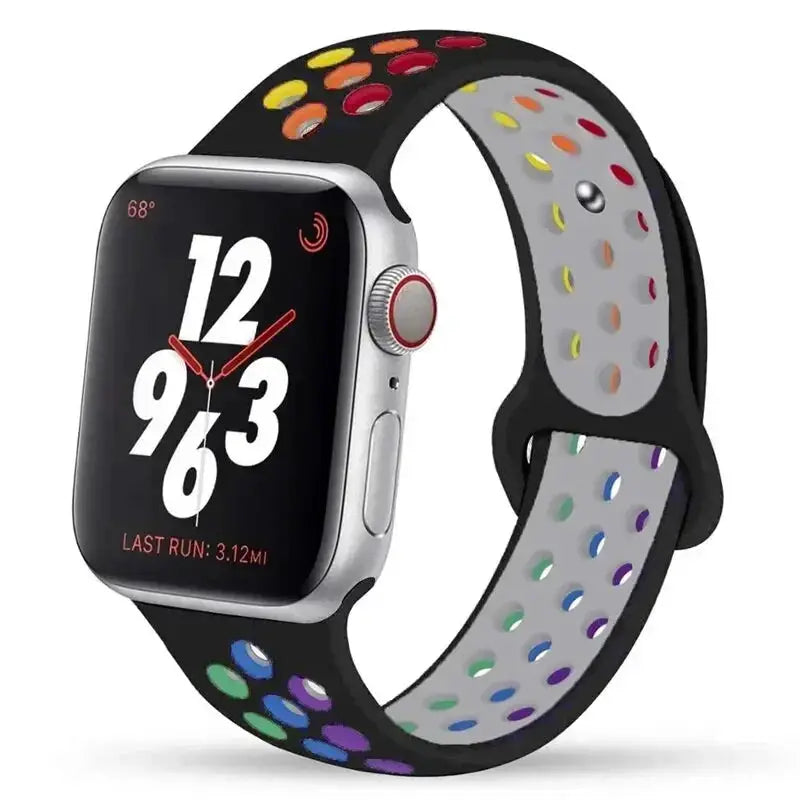 Silicone Pride sport strap for Apple Watch by Simples Market, rainbow perforated holes (38–45mm)