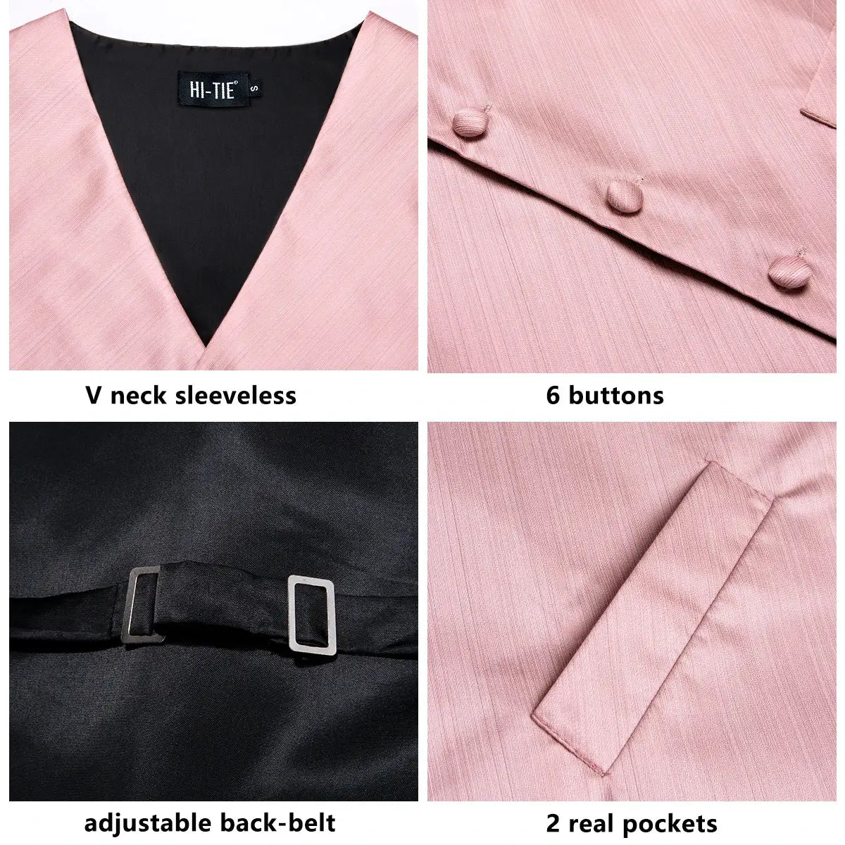 Pink men's waistcoat with 6 front buttons, two pockets and adjustable back belt, Hi-Tie label visible