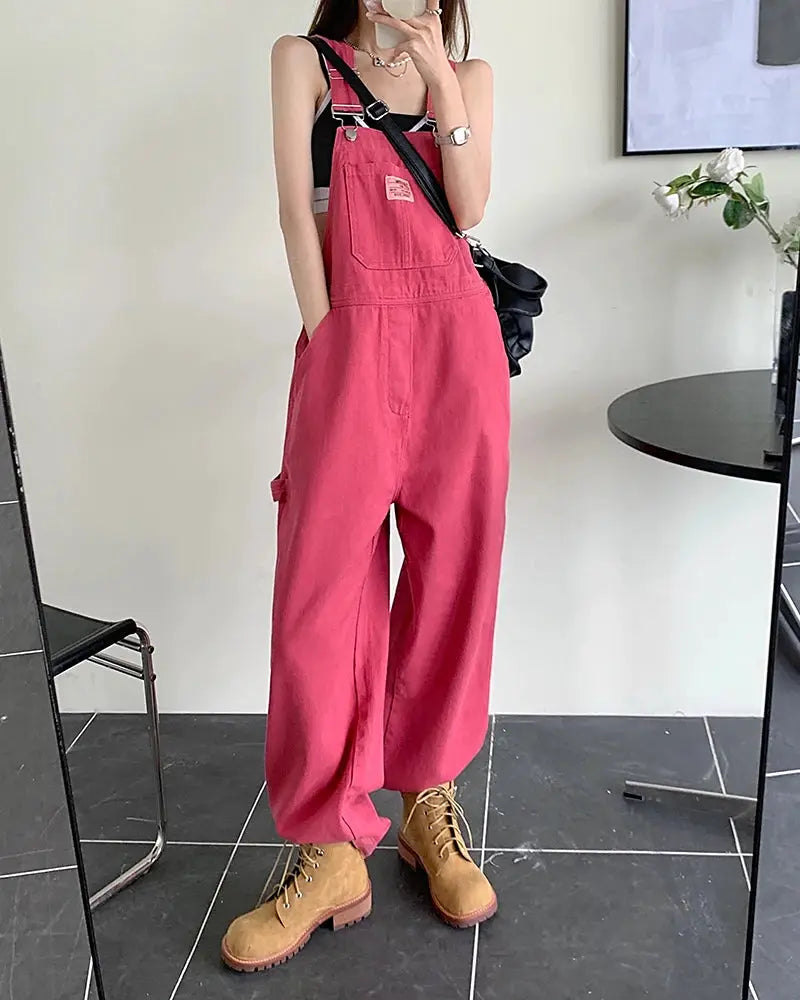 Pink women's denim overalls, wide-leg fit with front pocket, Simples Market