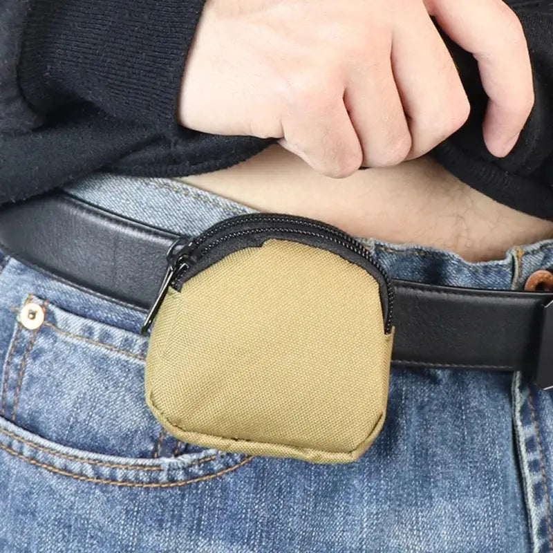 Nylon double-zipper coin purse on a black belt; khaki compact outdoor pouch