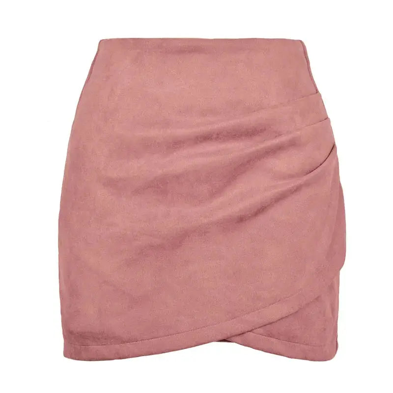 Suede mini skirt for women, pink high-waist wrap design with subtle pleats.