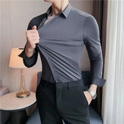 Plus-size 4XL-M high-elasticity seamless long-sleeve shirt for men, gray slim formal-casual top