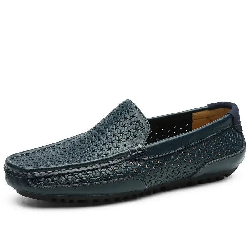 Men's woven leather loafer Simples Market, dark navy genuine leather slip-on driving shoe