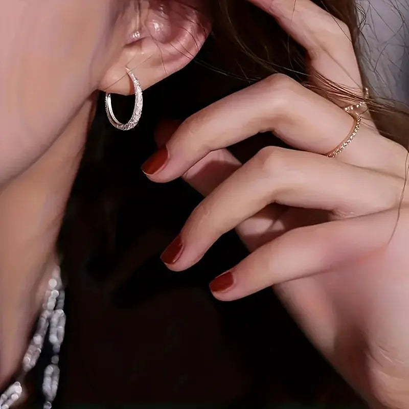 Pure Silvery starry circle hoop earrings for women, silver-tone with frosted sparkling stones.